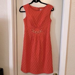 Coral pattern summer dress with a cinched waist and gold “belt” accent. Size 6